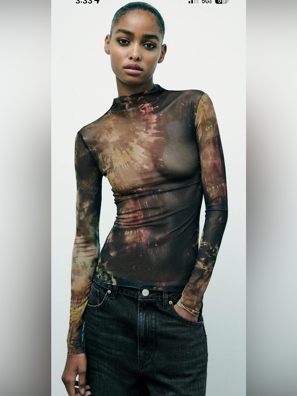 Zara Brown Multi Tie-Dye Sheer Mock Neck Long Sleeve Top